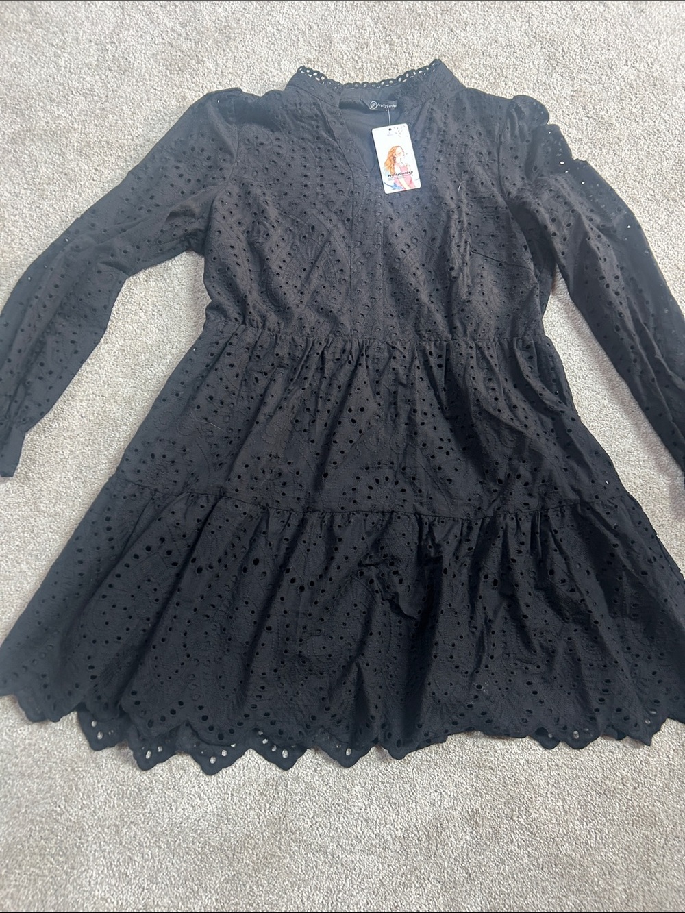Girls' Eyelet Long Sleeve Tiered Dress - Black